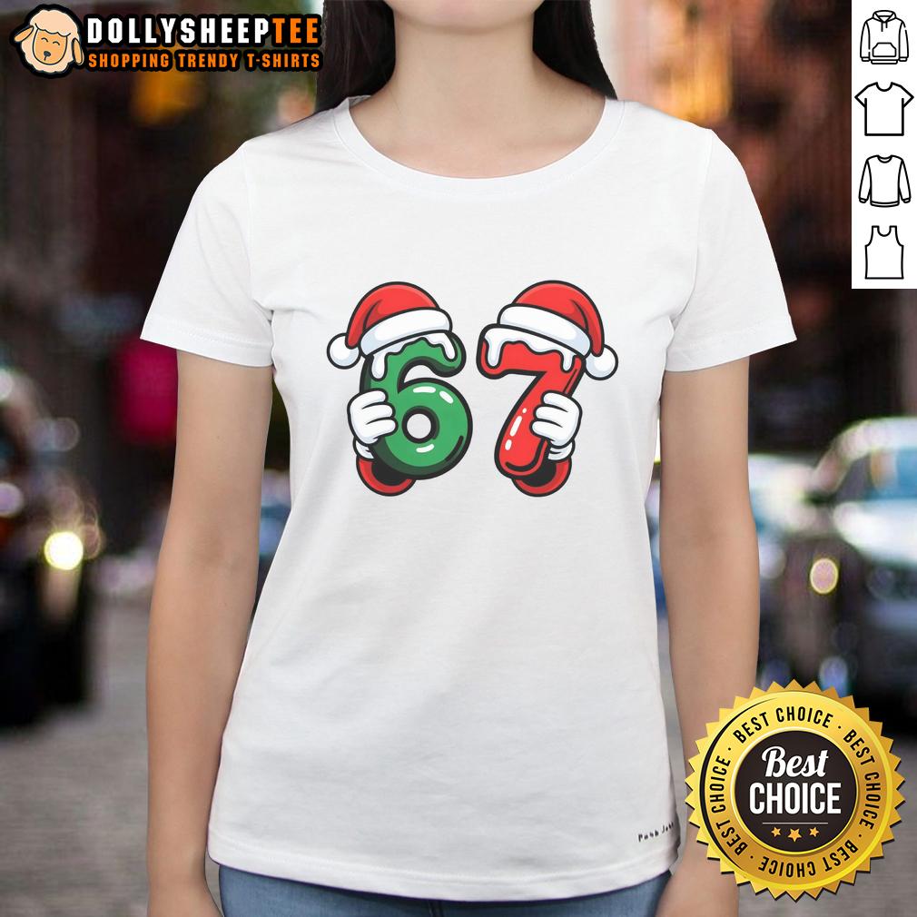 Nice Christmas 67 Santa Hands Meme 6 7 Sixty Seven Ladies Tee Funny Santa meme on a ladies tee, featuring Santa's hands, perfect for Christmas celebrations.