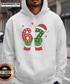 Santa Claus hands wearing a festive hoodie, perfect for a cozy Christmas celebration. Nice Christmas 67 Six Seven design.