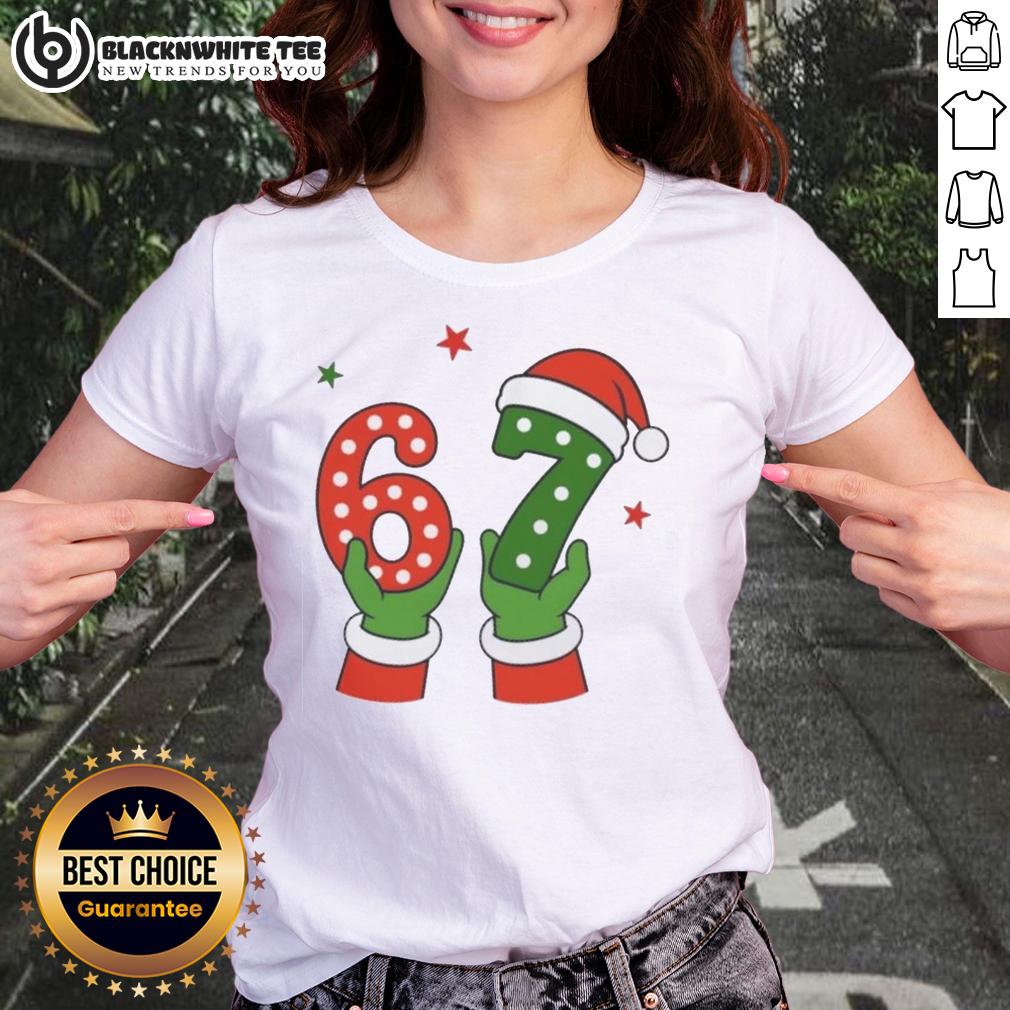 Nice Christmas 67 Six Seven Santa Claus Hands Ladies Tee Santa Claus hands holding a festive gift on a Nice Christmas 67 Six Seven ladies' tee shirt design.