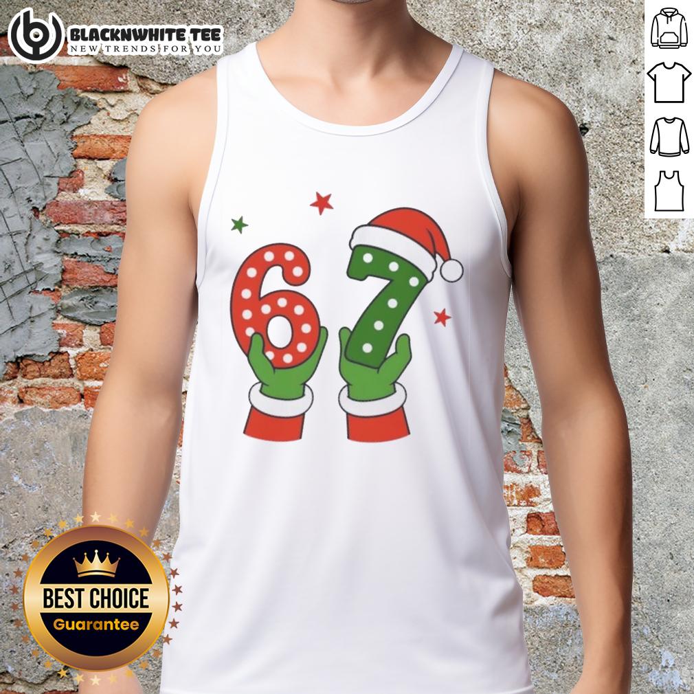 Nice Christmas 67 Six Seven Santa Claus Hands Tank Top Santa Claus hands holding a festive tank top with 'Nice Christmas 67' design, perfect for holiday celebrations.