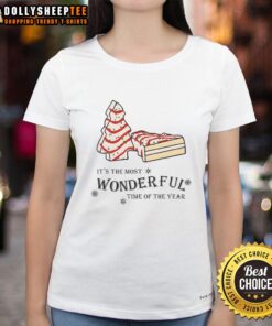 Alt Text: Festive Christmas tree cake on a ladies tee, celebrating 'It's the Most Wonderful Time of the Year'.