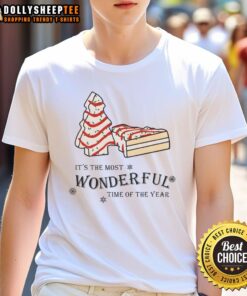 Festive Christmas Tree Cake T-Shirt featuring 'Its The Most Wonderful Time Of The Year' design for holiday celebrations.