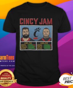 Alt Text: Nice Cincy Jam Kelce and Kelce T-shirt featuring bold graphics, perfect for Kansas City Chiefs fans and game day.
