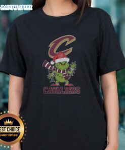 Nice Cleveland Cavaliers Christmas Grinch Santa Hat Holiday 2025 Ladies Tee, festive design for Cavaliers fans.