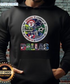 Cozy hoodie featuring combined logos of Dallas sports teams, perfect for fans showcasing their team spirit.