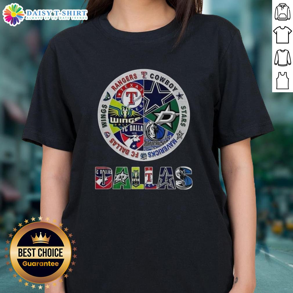 Nice Combined Logos Of Dallas Sports Teams Ladies Tee Stylish ladies' tee featuring combined logos of Dallas sports teams, perfect for fans and casual wear.