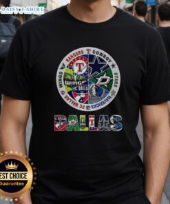 Dallas sports teams t-shirt featuring combined logos of popular teams like the Cowboys, Mavericks, and Rangers.