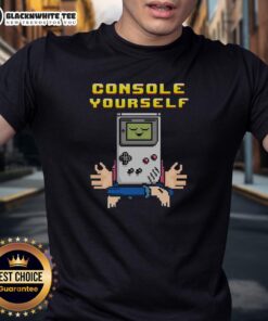 Retro Gameboy gamer T-shirt featuring 'Nice Console Yourself' design, perfect for vintage gaming enthusiasts.