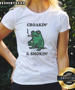 Funny Nice Croakin and Smokin Frog Ladies Tee featuring a playful frog design, perfect for casual wear and amphibian lovers.