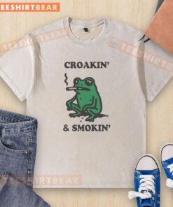 Nice Croakin and Smokin Frog washed t-shirt featuring a vibrant frog graphic and casual style for comfortable wear.