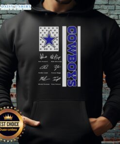 Alt Text: Dallas Cowboys hoodie featuring Dak Prescott and players' signatures with US flag design.