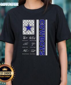 Ladies tee featuring Dak Prescott and Dallas Cowboys players with US flag and signatures, perfect for fans.