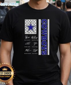 Nice Dak Prescott and Dallas Cowboys players US flag signatures T-shirt showcasing team spirit and pride.