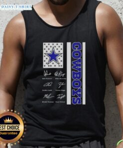 Alt Text: Dallas Cowboys tank top featuring Dak Prescott and players with US flag signatures, perfect for fans.
