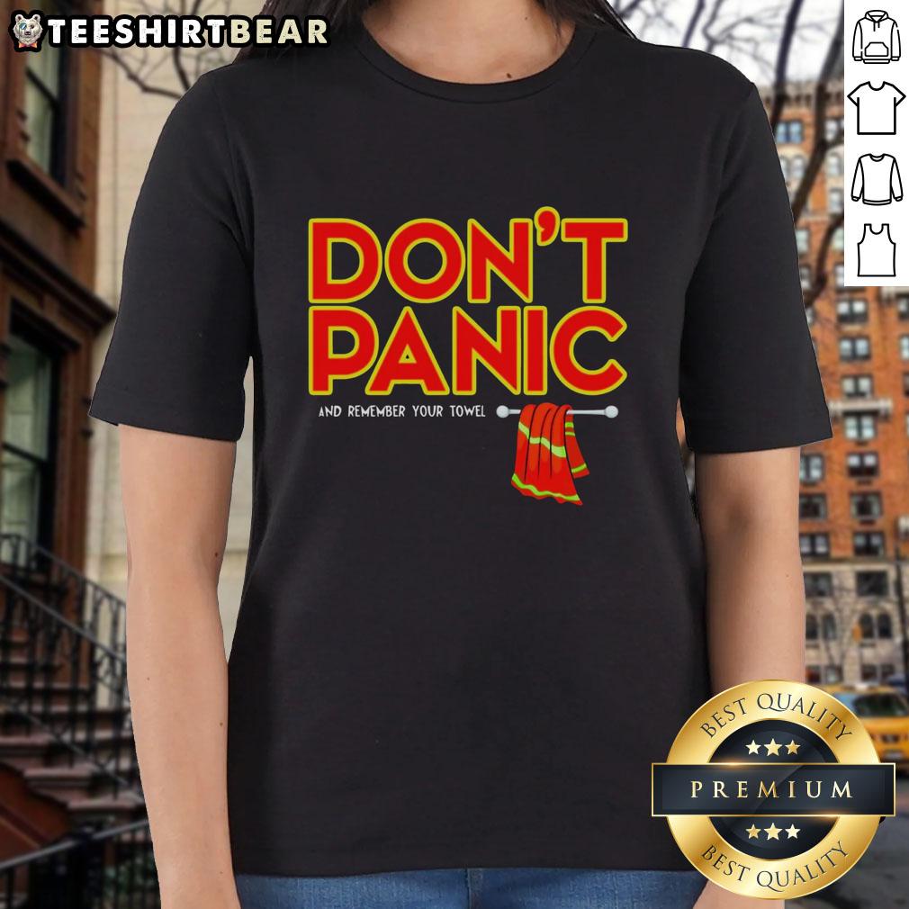 Nice Don'T Panic With Towel Ladies Tee Women wearing 'Don't Panic' T-shirts with towels, embracing a relaxed vibe in a sunny outdoor setting.