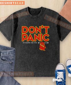 Nice Don't Panic with Towel washed t-shirt displayed on a hanger, showcasing its soft fabric and vibrant design.