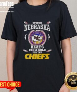 Ladies tee in red and gold for Kansas City Chiefs, showcasing team spirit and style in Nebraska.