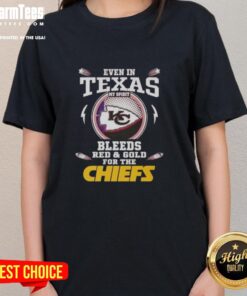 Alt Text: Kansas City Chiefs ladies tee in red and gold, showcasing team spirit and style for fans in Texas.