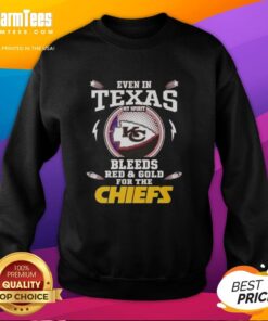 Alt Text: Cozy Kansas City Chiefs sweatshirt in red and gold, perfect for showing team spirit even in Texas.