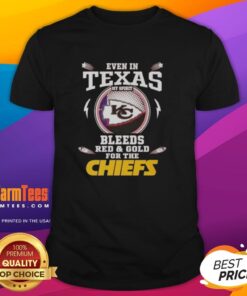 Alt Text: Kansas City Chiefs T-Shirt: 'My Spirit Bleeds Red And Gold' design, perfect for fans in Texas.