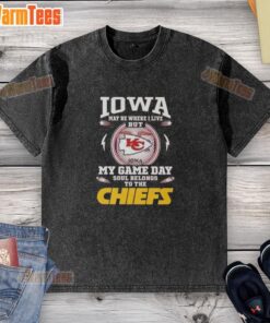 Stylish washed t-shirt featuring 'My Heart and Soul Belong to the Kansas City Chiefs' design, perfect for sunny Iowa days.