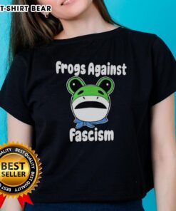 Nice Frogs Against Fascism meme on a ladies tee, featuring colorful cartoon frogs promoting unity and anti-fascism.
