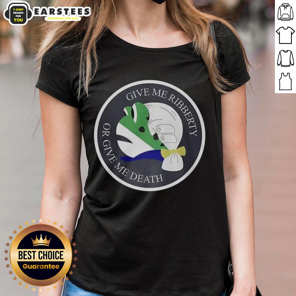 nice-give-me-ribberty-or-give-me-death-logo-ladies-tee Nice Give Me Ribberty Or Give Me Death logo on a stylish ladies tee, perfect for patriotic womens fashion.
