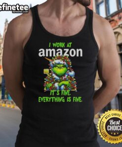 Grinch Christmas tree tank top featuring 'I Work At It's Fine, Everything Is Fine' design for festive holiday cheer.