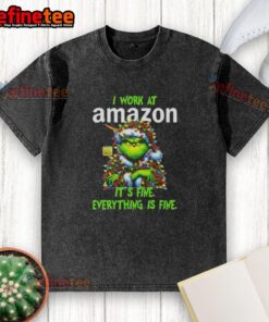 Nice Grinch Christmas Tree t-shirt featuring 'I Work At It's Fine, Everything Is Fine' design for festive holiday spirit.