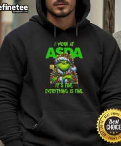 Nice Grinch Christmas Tree hoodie from Asda featuring 'I Work At It's Fine Everything Is Fine' design, perfect for festive cheer.