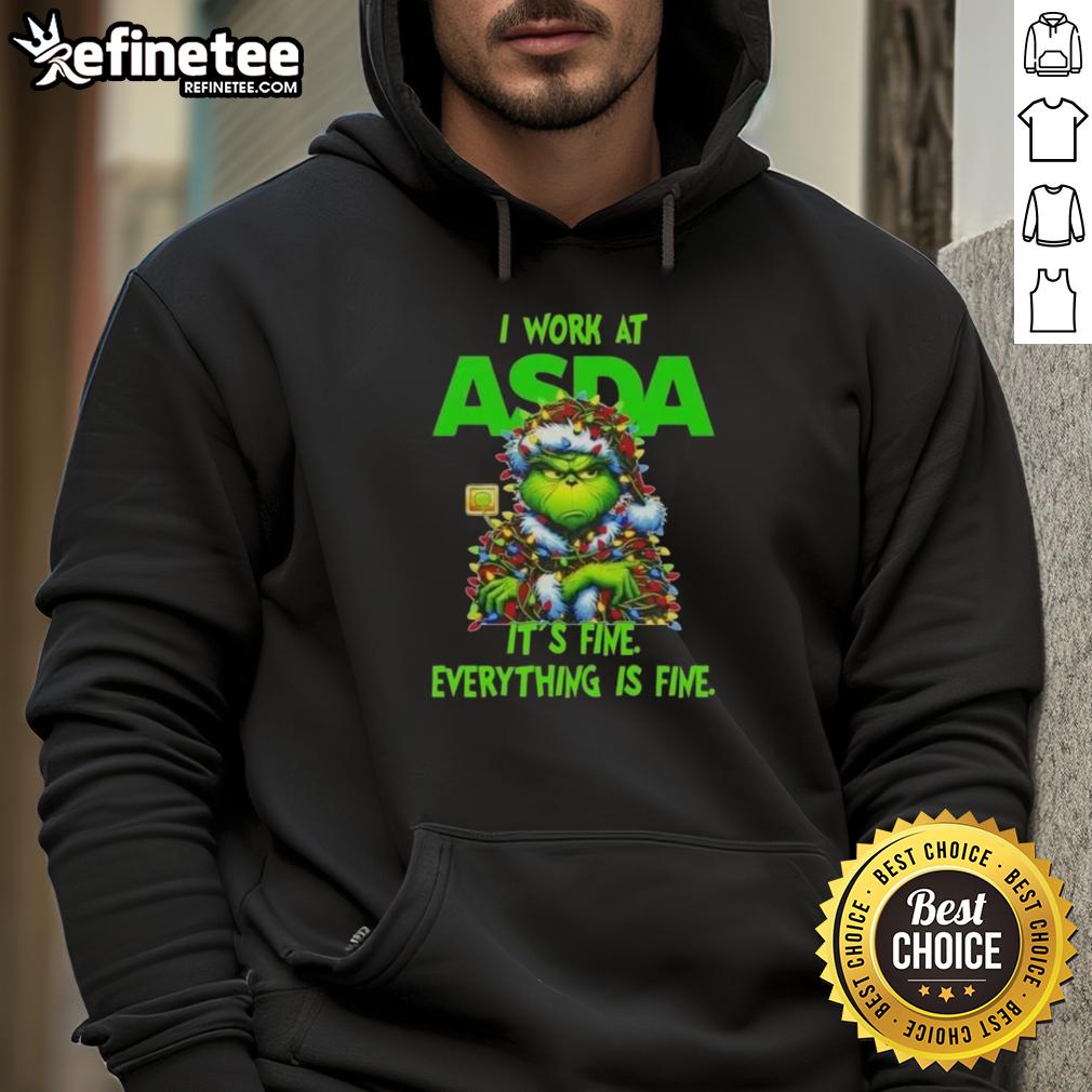nice-grinch-christmas-tree-x-asda-i-work-at-its-fine-everything-is-fine-hoodie Nice Grinch Christmas Tree hoodie from Asda featuring 'I Work At It's Fine Everything Is Fine' design, perfect for festive cheer.