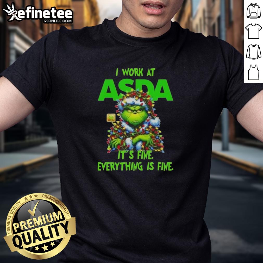 nice-grinch-christmas-tree-x-asda-i-work-at-its-fine-everything-is-fine-t-shirt Alt Text: Nice Grinch Christmas Tree T-shirt from Asda, featuring a playful 'It's Fine, Everything Is Fine' design.