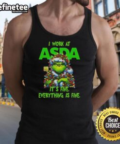 Grinch Christmas Tree tank top from Asda, featuring a fun design with 'I work at, it's fine, everything is fine' text.