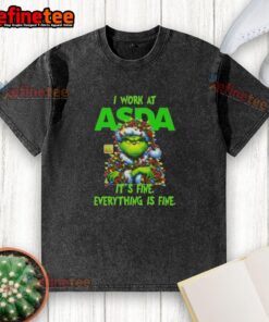 Nice Grinch Christmas Tree t-shirt from Asda, featuring 'I Work At It's Fine, Everything Is Fine' design in vibrant colors.