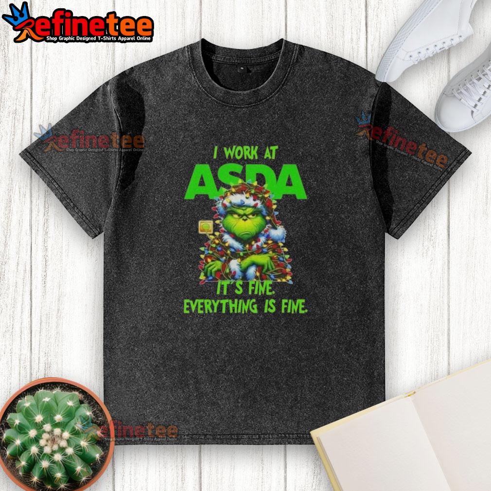 nice-grinch-christmas-tree-x-asda-i-work-at-its-fine-everything-is-fine-washed-t-shirt Nice Grinch Christmas Tree t-shirt from Asda, featuring 'I Work At It's Fine, Everything Is Fine' design in vibrant colors.