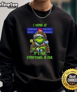 Alt Text: Nice Grinch Christmas Tree sweatshirt from Canada Post, featuring 'I work at it's fine, everything is fine' design.