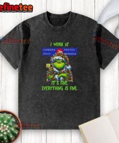 Alt Text: Nice Grinch Christmas Tree shirt design featuring 'I work at it's fine, everything is fine' slogan, perfect for the holidays.
