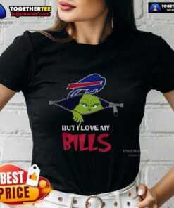Womens Christmas tee featuring Grinch design with 'I Hate People But I Love My Buffalo Bills' slogan.