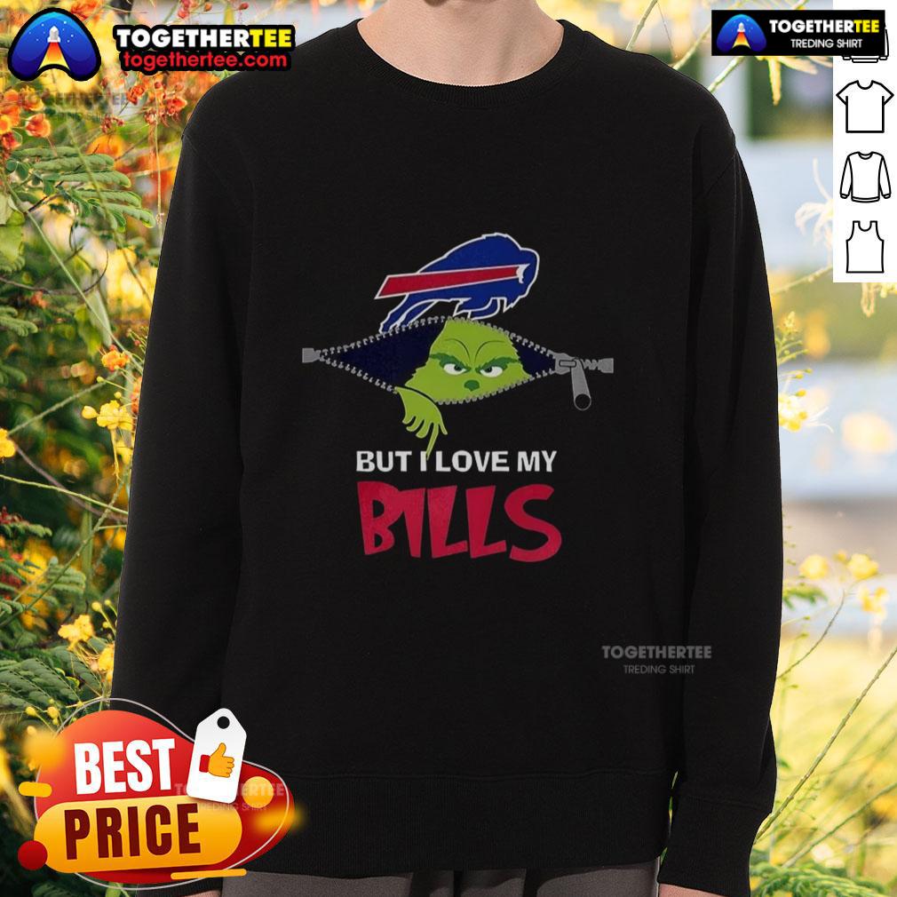 Nice Grinch Zipper I Hate People But I Love My Buffalo Bills Football Christmas Sweatshirt Alt Text: Cheerful person wearing a I Hate People But I Love My Buffalo Bills Grinch sweatshirt for Christmas festivities.