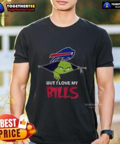 Funny Grinch zipper design on a 'I Hate People But I Love My Buffalo Bills' Christmas T-shirt for football fans.