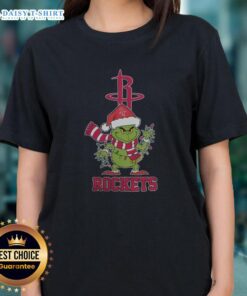 Stylish Houston Rockets Christmas Grinch Santa hat holiday tee for ladies, perfect for festive basketball fans in 2025.