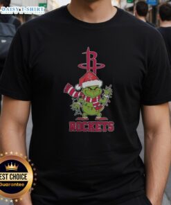 Alt Text: Houston Rockets Christmas Grinch Santa Hat Holiday 2025 T-Shirt featuring festive design for Rockets fans.
