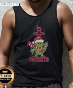 Houston Rockets Christmas Grinch tank top with Santa hat for holiday 2025, perfect for festive fans.