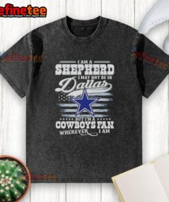 Alt Text: Cowboys fan wearing a washed T-shirt with 'Nice, I am a shepherd' design, showing pride for Dallas anywhere.