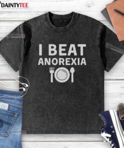 Nice I Beat Anorexia washed t-shirt showcasing a positive message about recovery and body positivity.