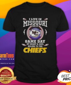 Missouri fan wearing a Kansas City Chiefs T-shirt on game day, showcasing team spirit and pride.