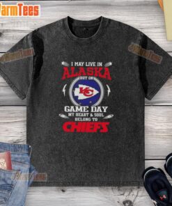 Alt Text: Kansas City Chiefs washed t-shirt with slogan, perfect for fans living in Alaska on game day.