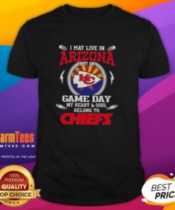 Alt Text: Kansas City Chiefs T-Shirt: 'I May Live In Arizona But My Heart Belongs To KC' - Perfect for game day fans.