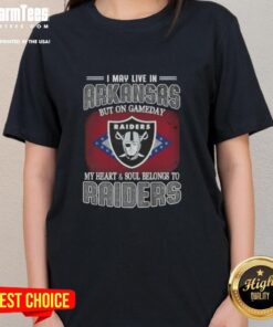 Womens tee featuring 'I May Live In Arkansas, But On Gameday My Heart Belongs To Raiders' for passionate fans.