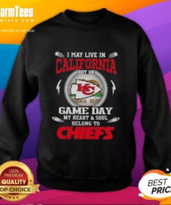 Alt Text: Cozy Kansas City Chiefs sweatshirt for game day, showcasing team spirit despite living in California.
